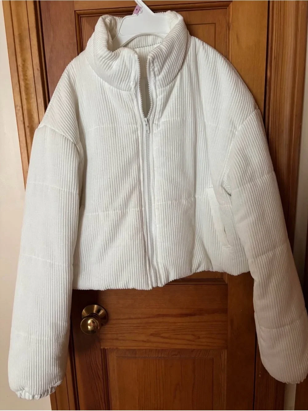SHEIN White Corduroy Cropped Puffer Jacket